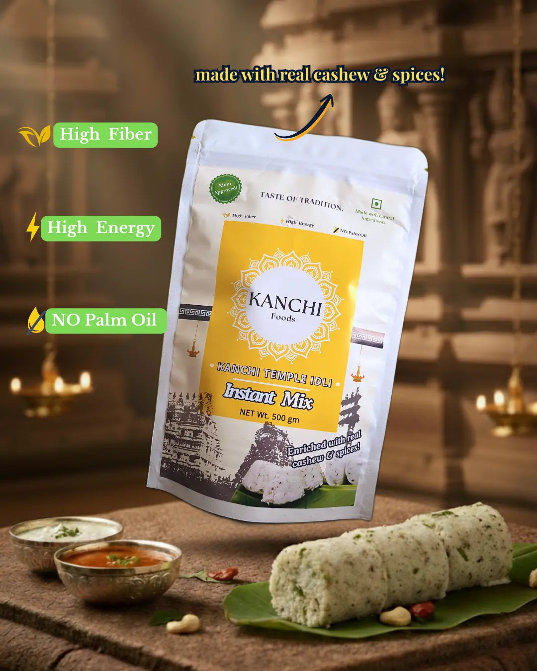 Soft fluffy idlis made with Kanchi Temple Idli Mix served with chutney