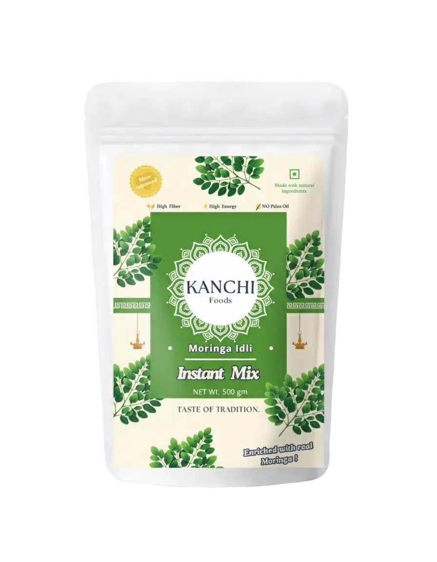 Kanchi Foods Moringa idli instant mix packaging on a white background