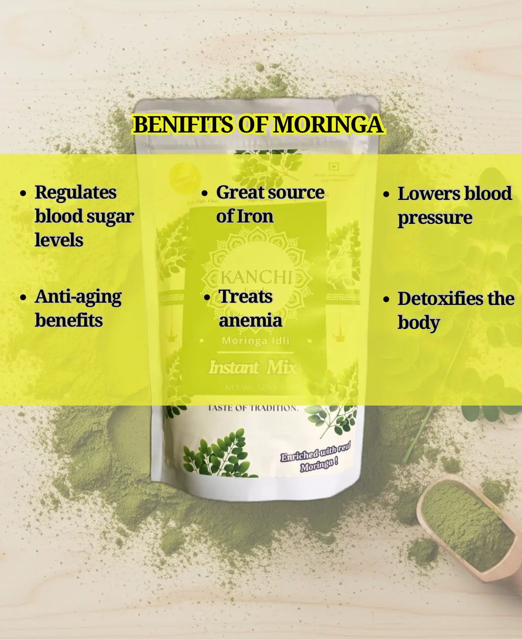 Moringa product with benefits listed on a light background