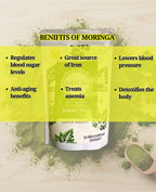 Moringa product with benefits listed on a light background