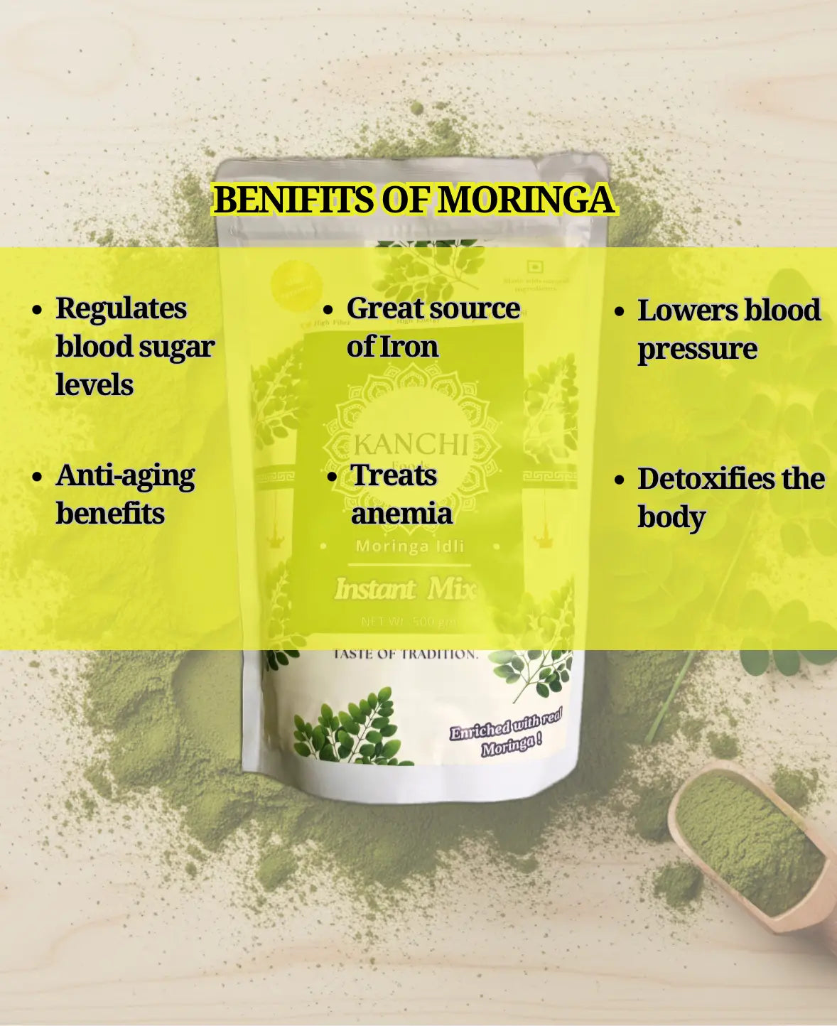 Moringa product with benefits listed on a light background