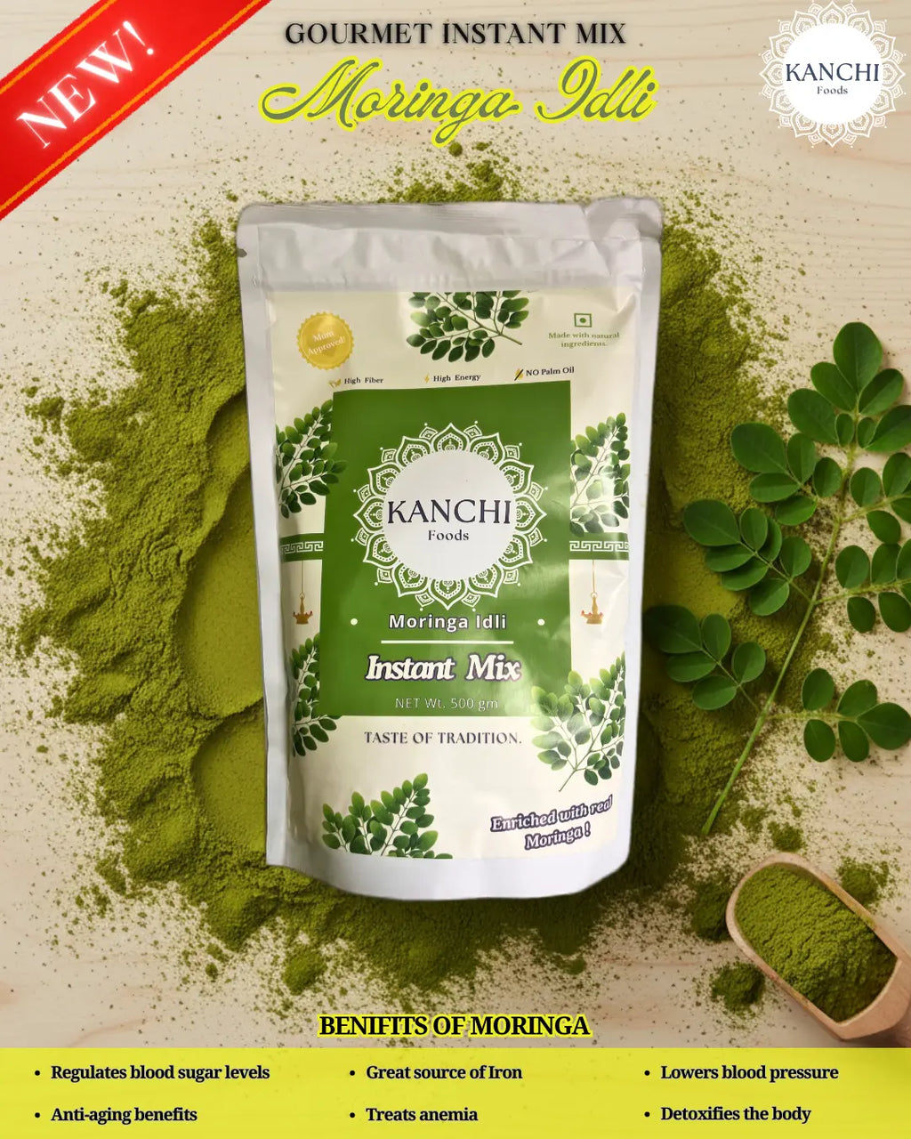 Kanchi Moringa Idli Instant Mix packaging with green powder and leaves on a beige background