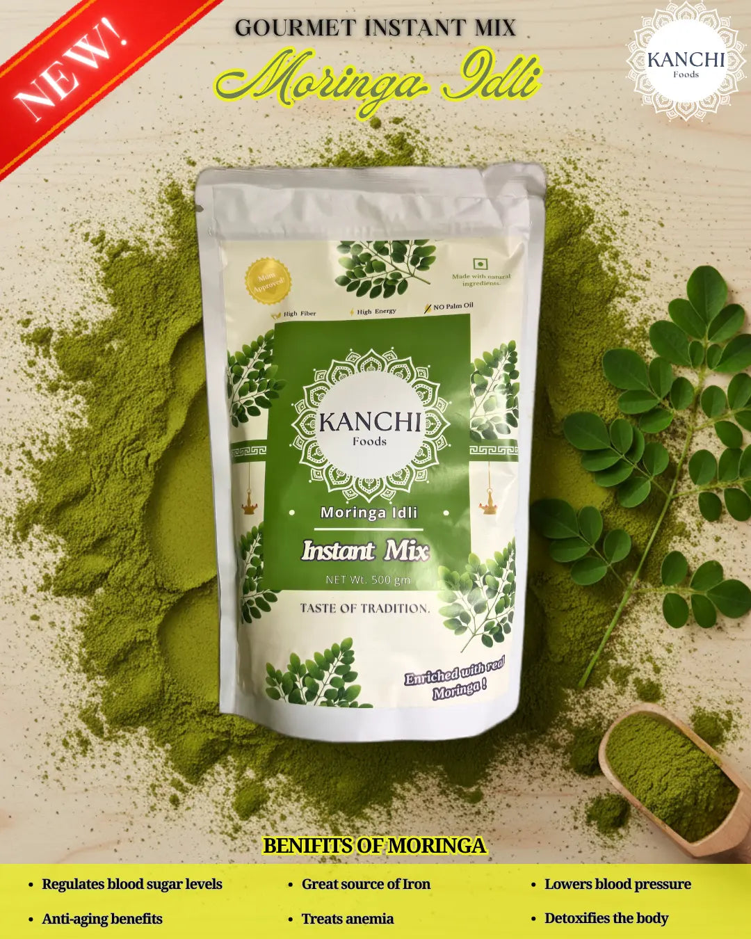 Kanchi Moringa Idli Instant Mix packaging with green powder and leaves on a beige background